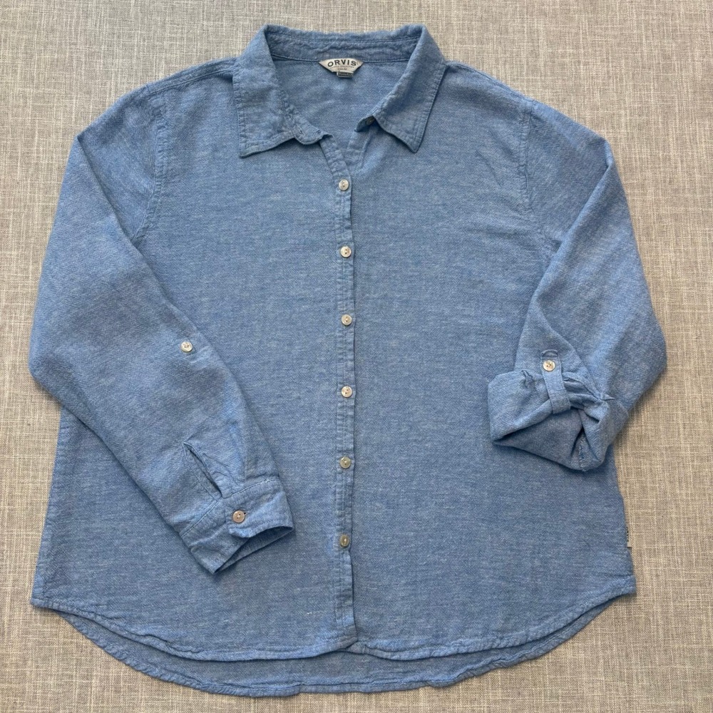 Orvis Classic Collection Women XL Blue Linen Blend Roll Tab Button Down Shirt